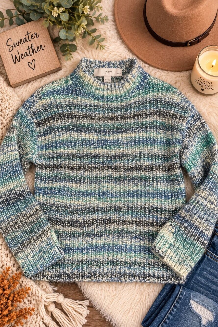 LOFT Petites MP Blue Green Marled Striped Chunky Knit Mock Neck Wool Blend Sweat